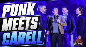 CM Punk and Steve Carell appearing together during comedic WWE 2K26 segment at Night of Too Many Stars