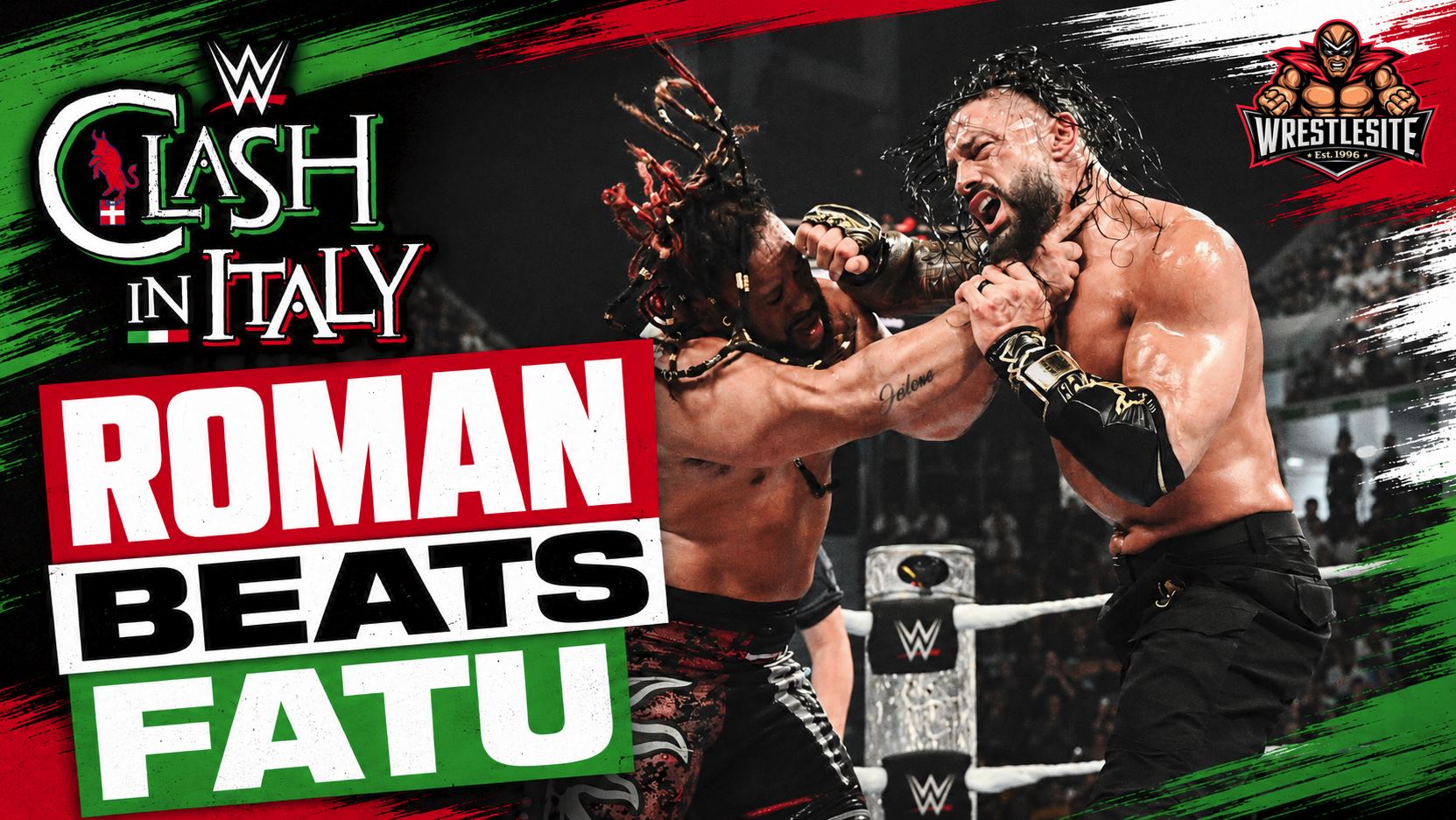 Roman Reigns Beats Jacob Fatu 5 Roman Reigns spears Jacob Fatu through a table during Tribal Combat at WWE Clash in Italy.