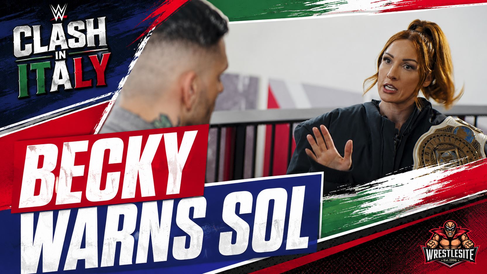 Becky Lynch confronts Sol Ruca before their WWE Women’s Intercontinental Championship match at Clash in Italy.