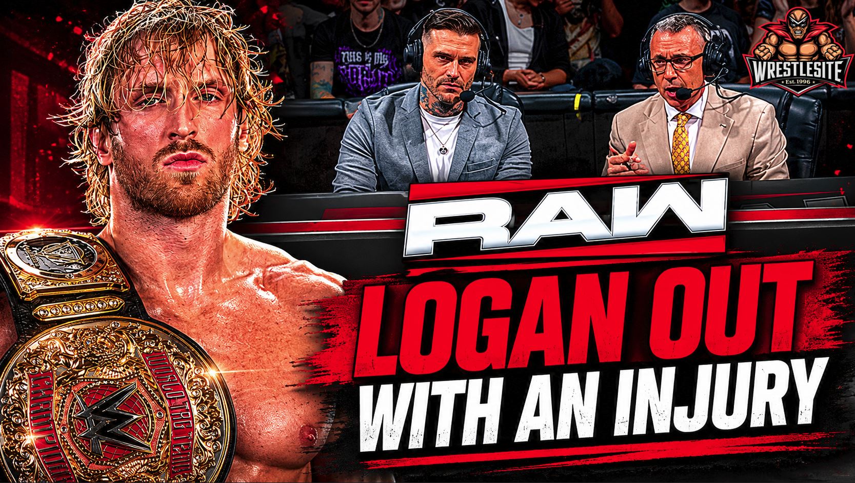 Logan Paul reacts during WWE RAW as an injury update affects Austin Theory and tag titles