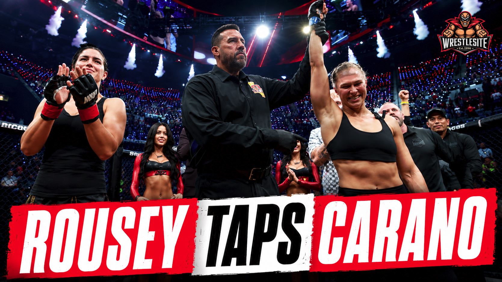 Ronda Rousey Submits Gina Carano 5 Ronda Rousey applies an armbar to Gina Carano during the Netflix MVP MMA main event