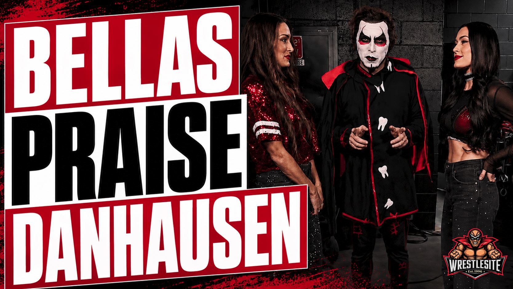 The Bella Twins react backstage with Danhausen during their unpredictable Bella clones comedy segments in WWE