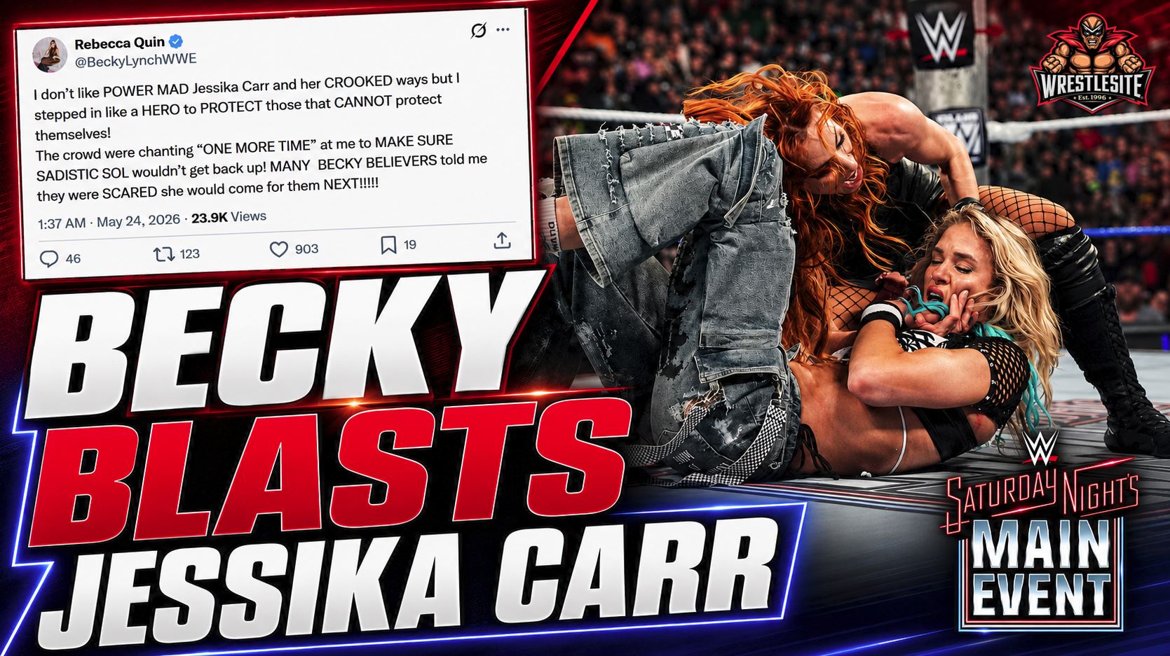 Becky Lynch argues with referee Jessika Carr after controversial Sol Ruca match at WWE Saturday Night’s Main Event