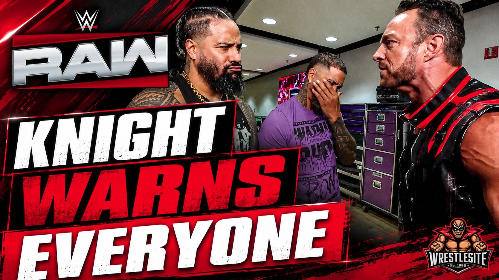 LA Knight Warns Usos And Rollins 5 LA Knight confronts The Usos and Seth Rollins backstage on WWE RAW before The Vision chaos