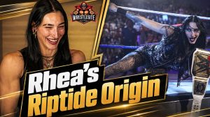 Rhea Ripley delivers the Riptide finisher during WWE action after creating the move through training.