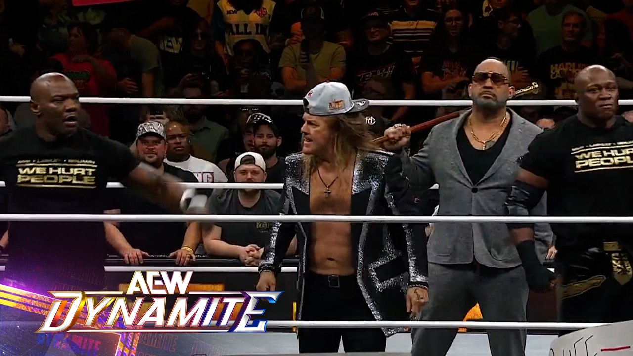 Chris Jericho confronting Ricochet on AEW Dynamite as Hurt Syndicate enters before Stadium Stampede