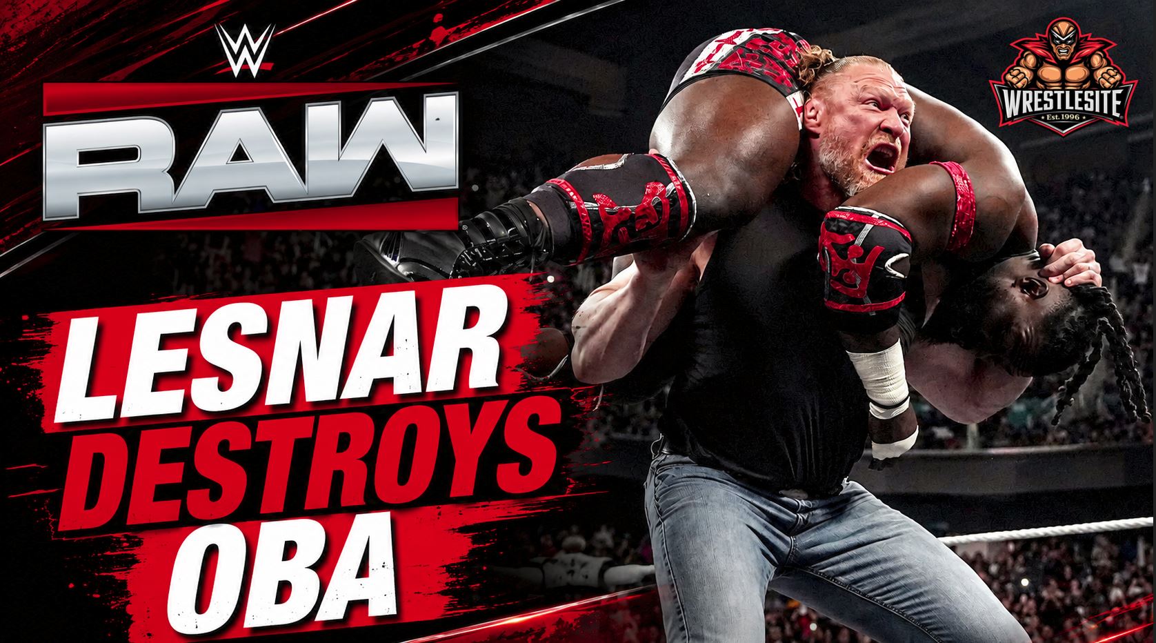 Brock Lesnar attacks Oba Femi with multiple F5s during WWE RAW in Greensboro, North Carolina