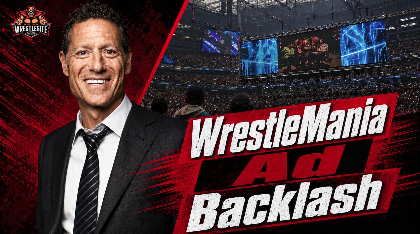 WrestleMania 42 signage shown inside a WWE stadium as fans react to heavy advertising during the event