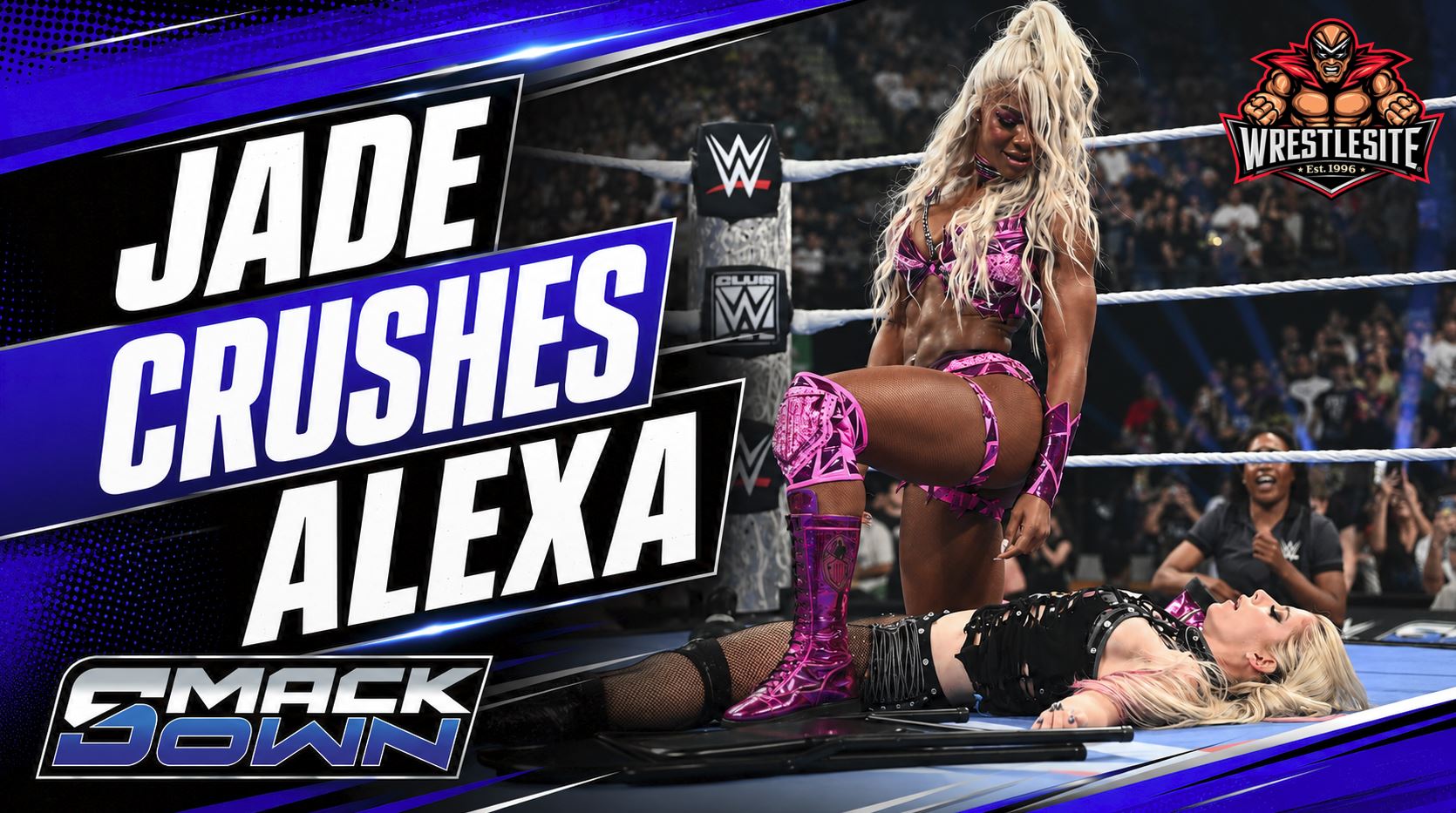 Jade Cargill Crushes Alexa Bliss 5 Jade Cargill drops Alexa Bliss with Jaded on a steel chair during WWE SmackDown chaos.