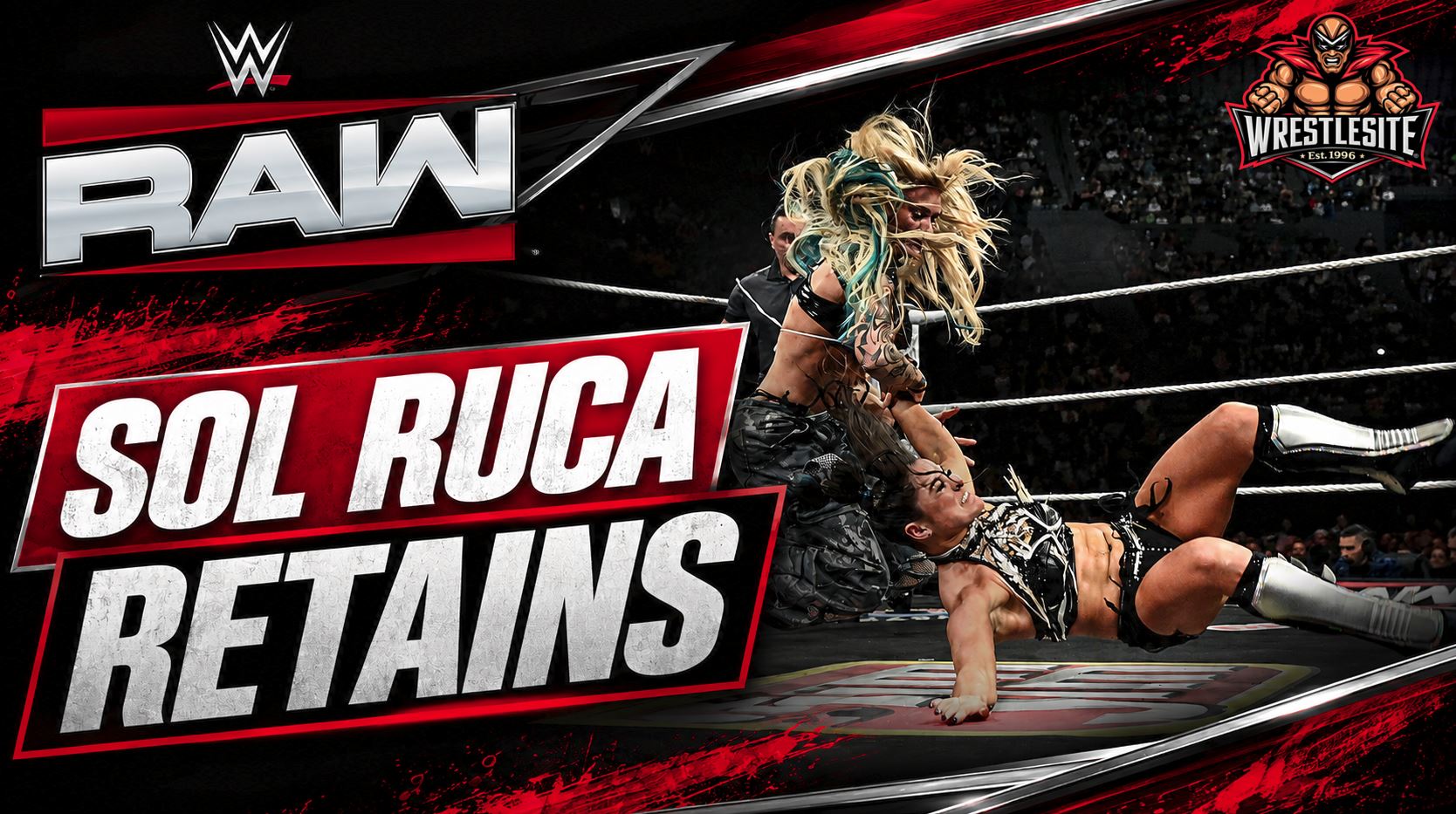Sol Ruca hits Sol Snatcher on Lyra Valkyria during WWE RAW Women’s Intercontinental Title match