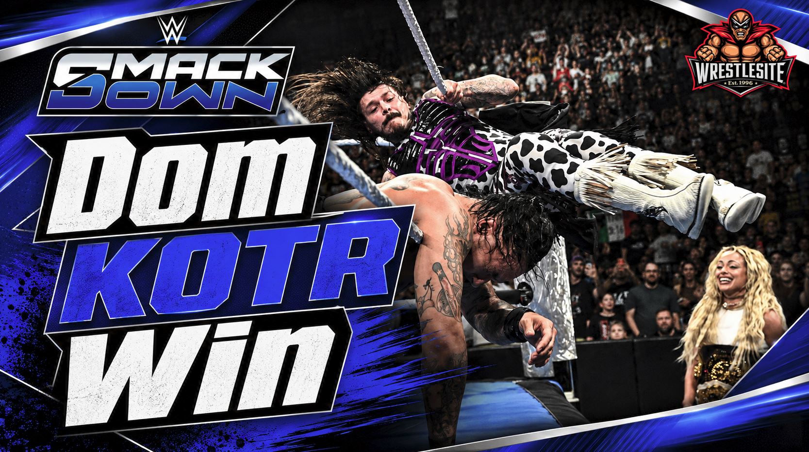 Dominik Mysterio celebrates after defeating Damian Priest during WWE SmackDown King of the Ring match chaos