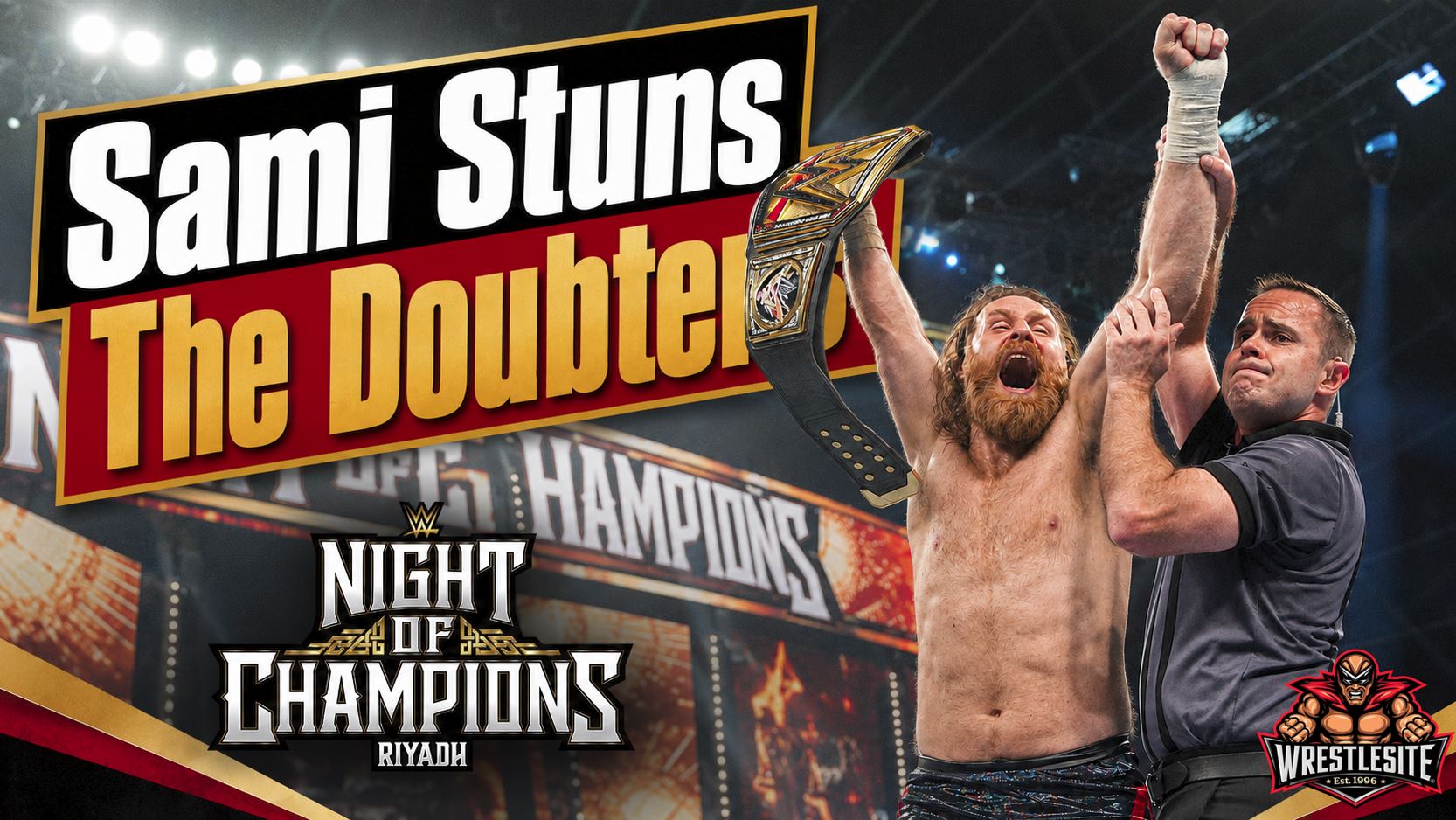 Sami Zayn celebrates Undisputed WWE Championship win after defeating Cody Rhodes and GUNTHER at Night of Champions