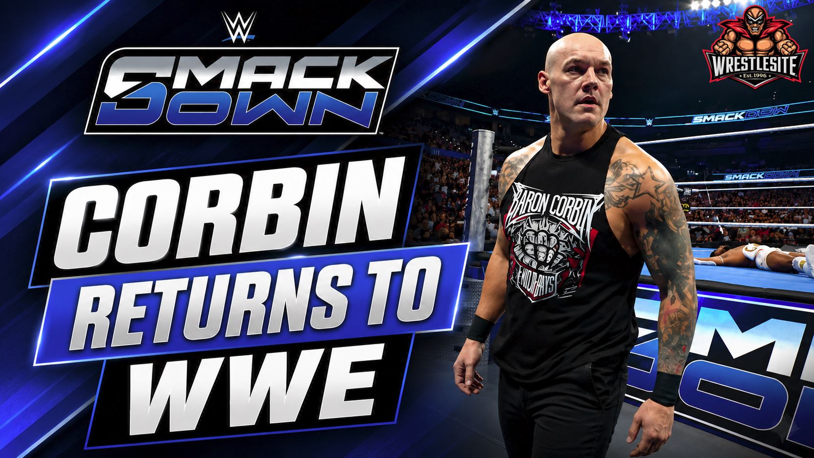 Baron Corbin hits Carmelo Hayes with the End of Days during his surprise WWE SmackDown return