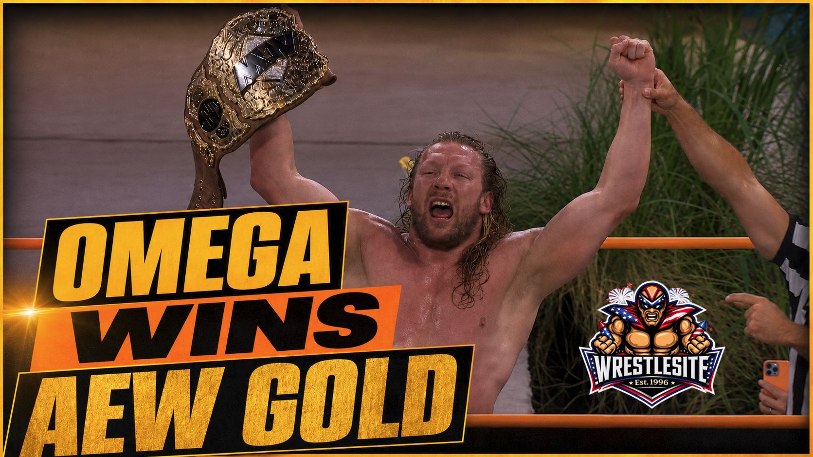 Kenny Omega Wins AEW World Title 5 Kenny Omega celebrates winning the AEW World Championship after defeating MJF on AEW Dynamite