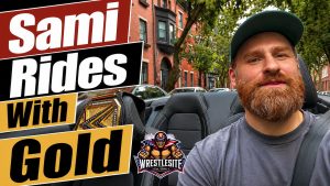 Sami Zayn Rides With WWE Gold 17 Sami Zayn drives convertible with Undisputed WWE Championship sitting in passenger seat before WWE taping