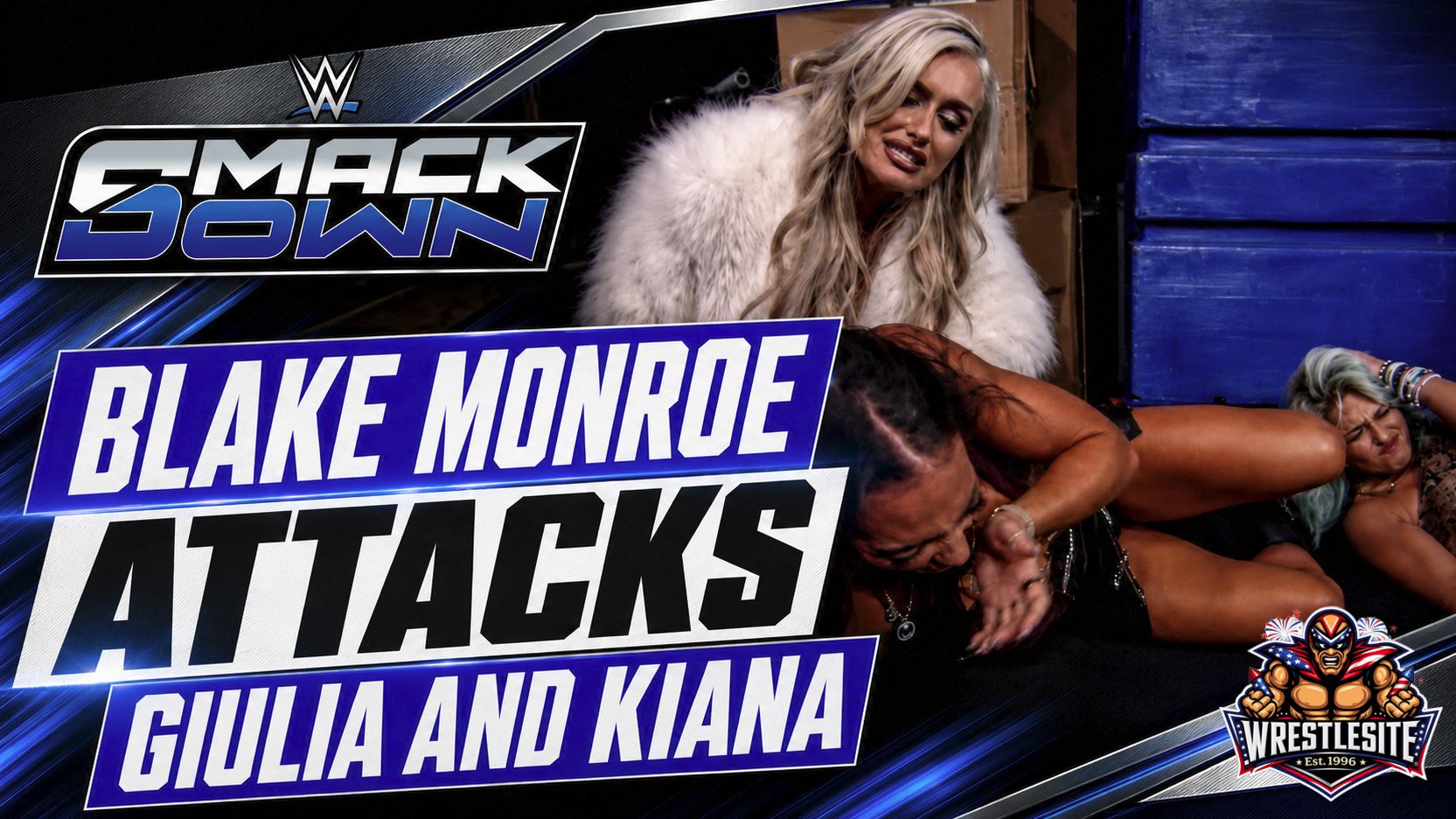 Blake Monroe Attacks Giulia And Kiana 5 Blake Monroe attacks Giulia and Kiana James during a tense WWE SmackDown backstage segment
