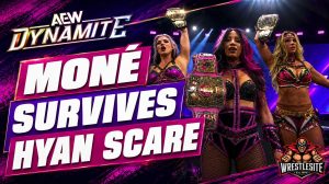 Mercedes Moné hits the Moné Maker on Hyan during an AEW Dynamite six-woman tag team match