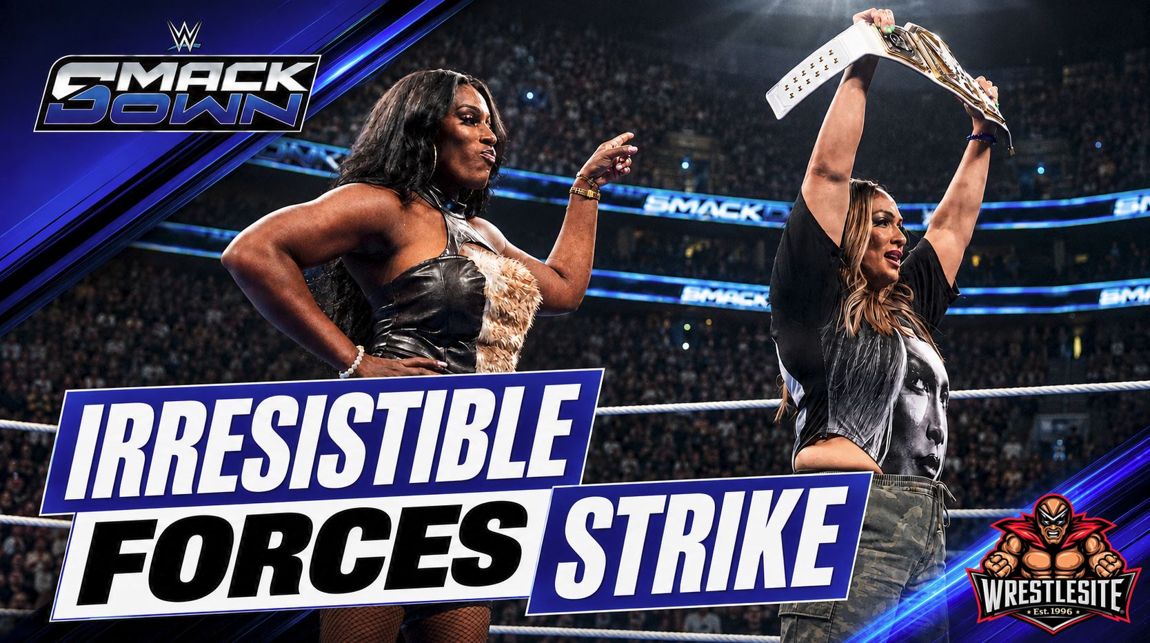 Nia Jax and Lash Legend stand over Chelsea Green following the WWE Women’s Tag Team Championship match