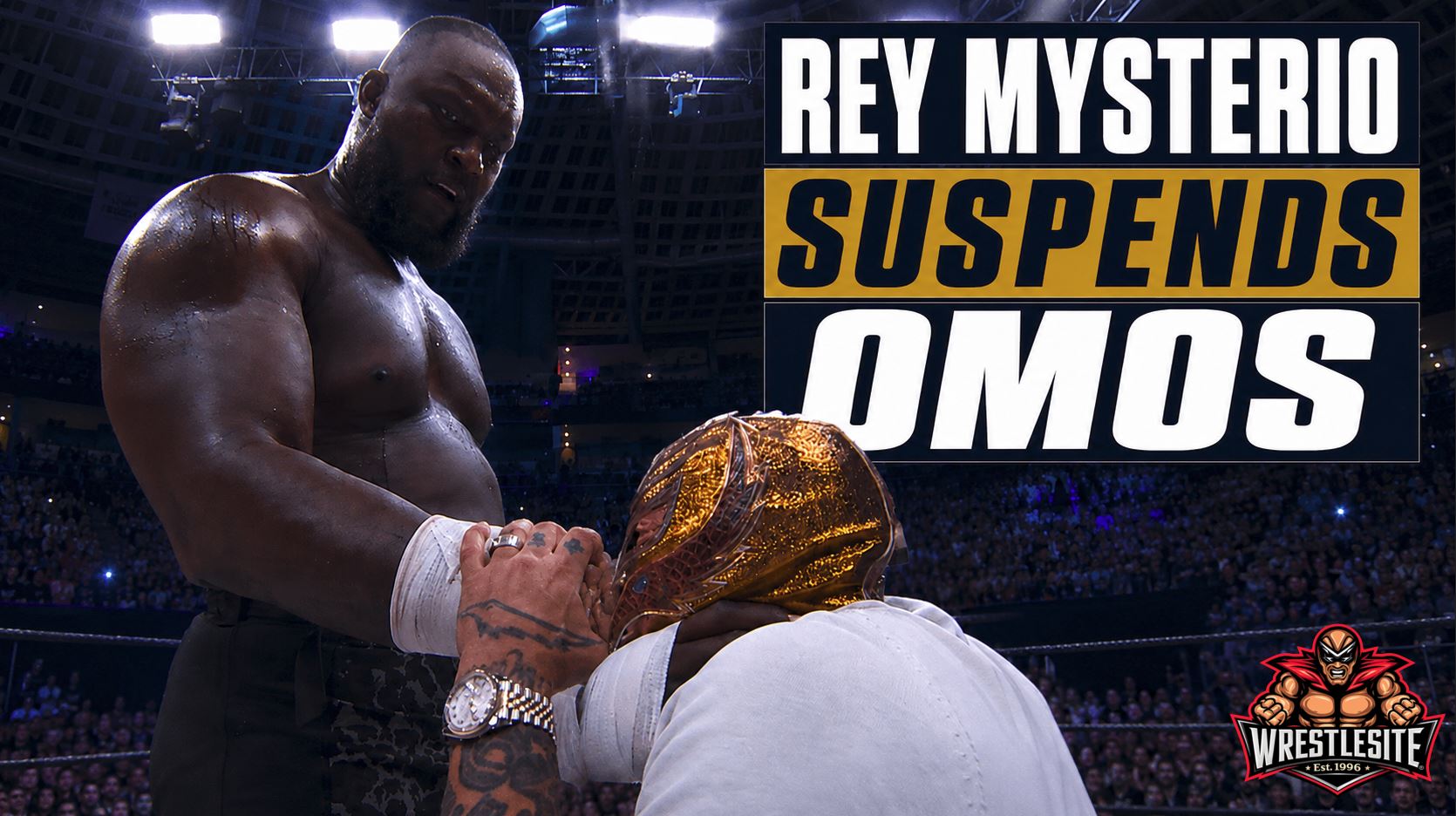 Rey Mysterio Suspends Omos From AAA 5 Rey Mysterio confronts Omos after AAA attack before announcing an indefinite suspension from the promotion