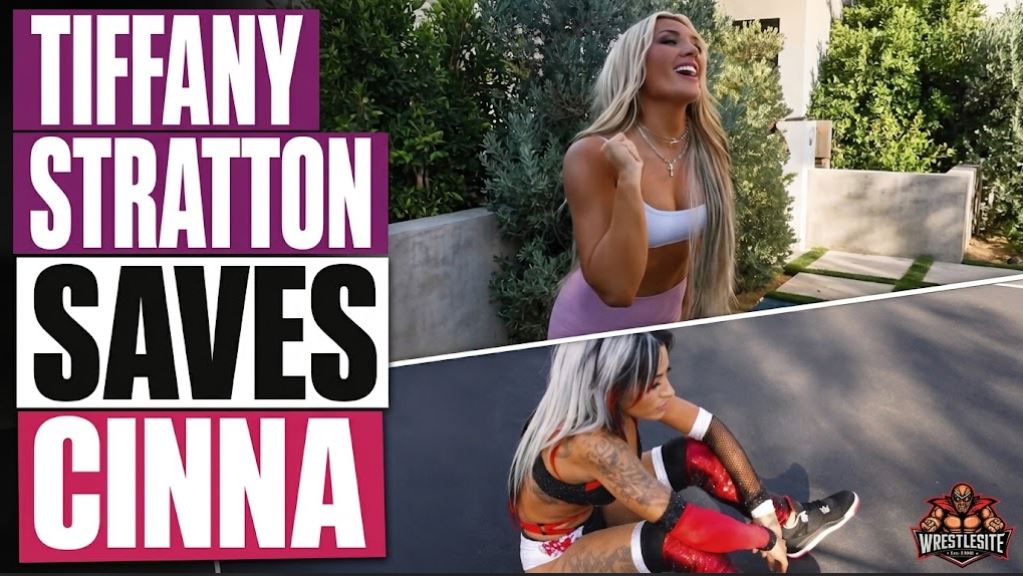 Tiffany Stratton clotheslines Zelina Vega while helping Cinna during chaotic outdoor wrestling segment on Twitch
