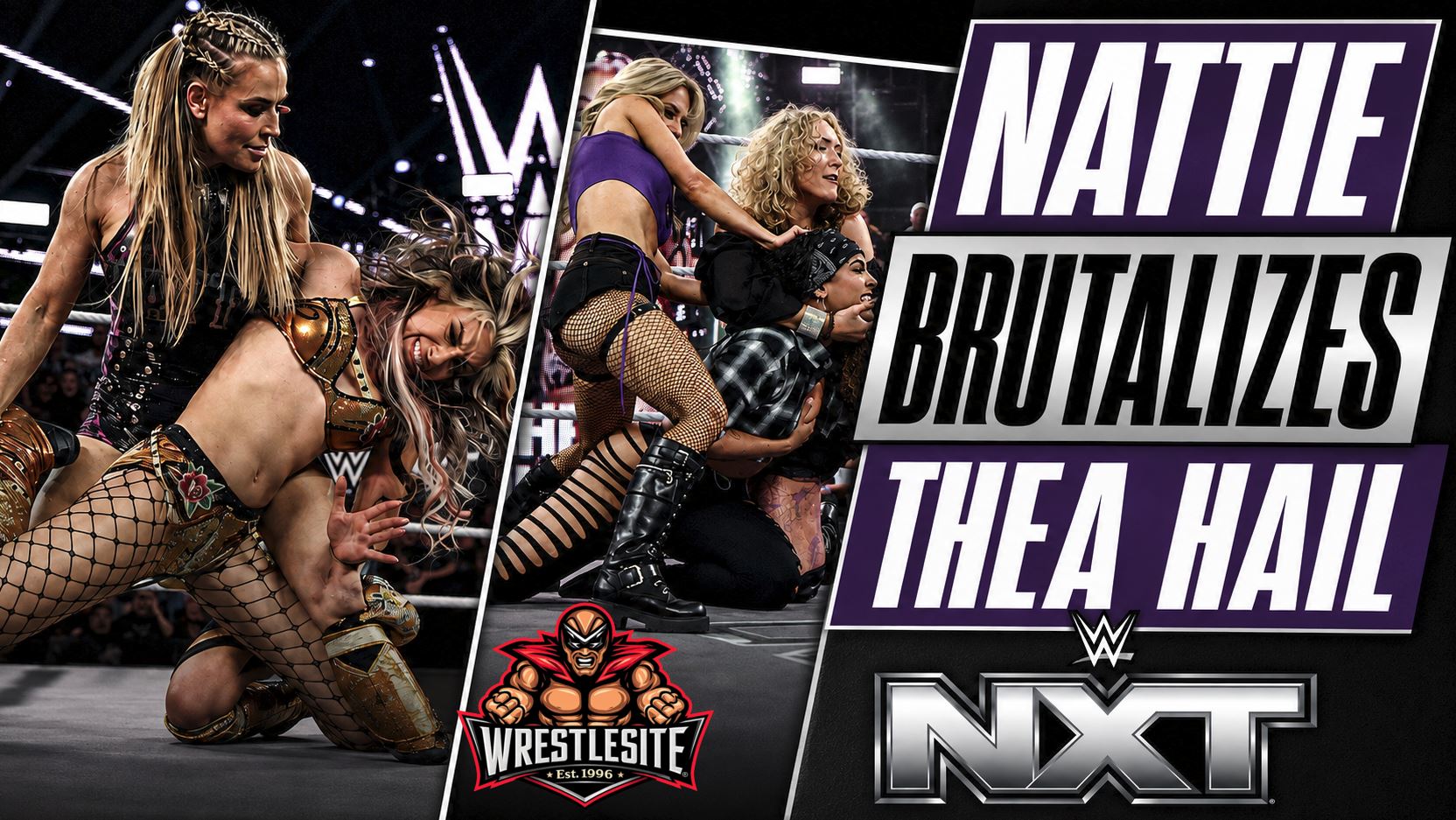 Nattie locks Thea Hail in the Sharpshooter while Jaida Parker watches during WWE NXT action