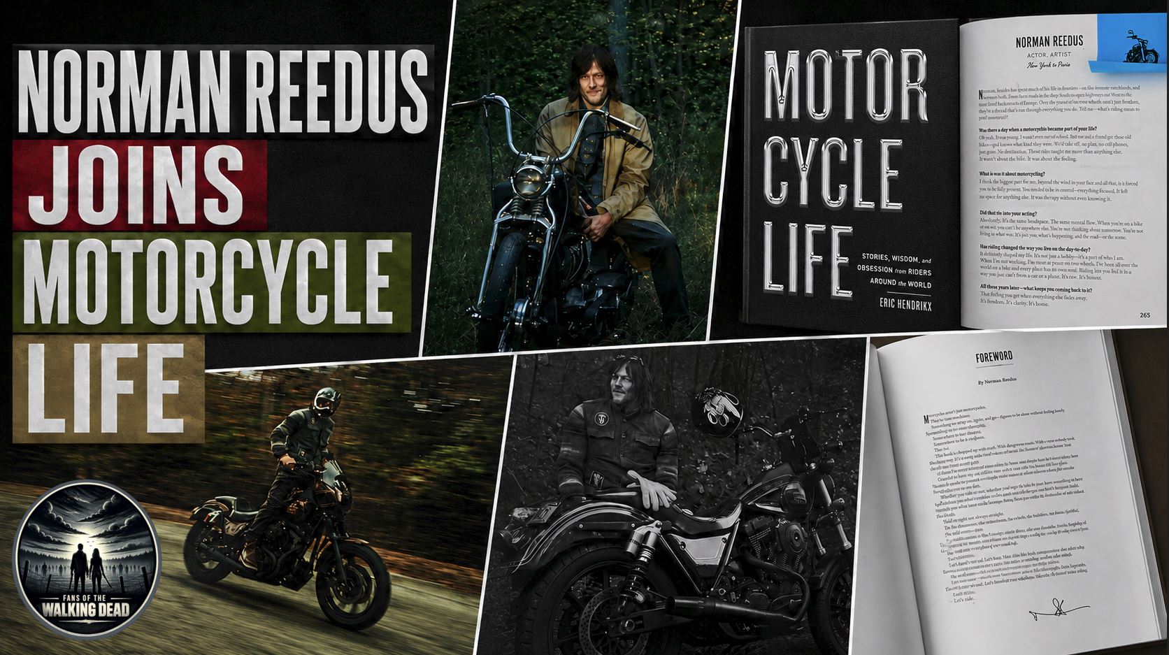 Norman Reedus appears in promotional artwork for Eric Hendrikx’s upcoming Motorcycle Life hardcover book release