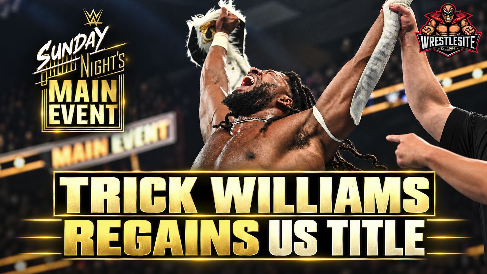 Trick Williams celebrates after defeating Baron Corbin to regain the WWE United States Championship