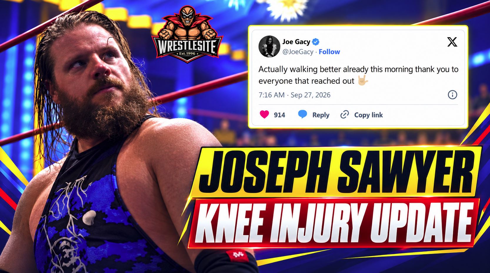 Joe Gacy, as Joseph Sawyer, reacts after suffering knee injury during GCW Championship defense match