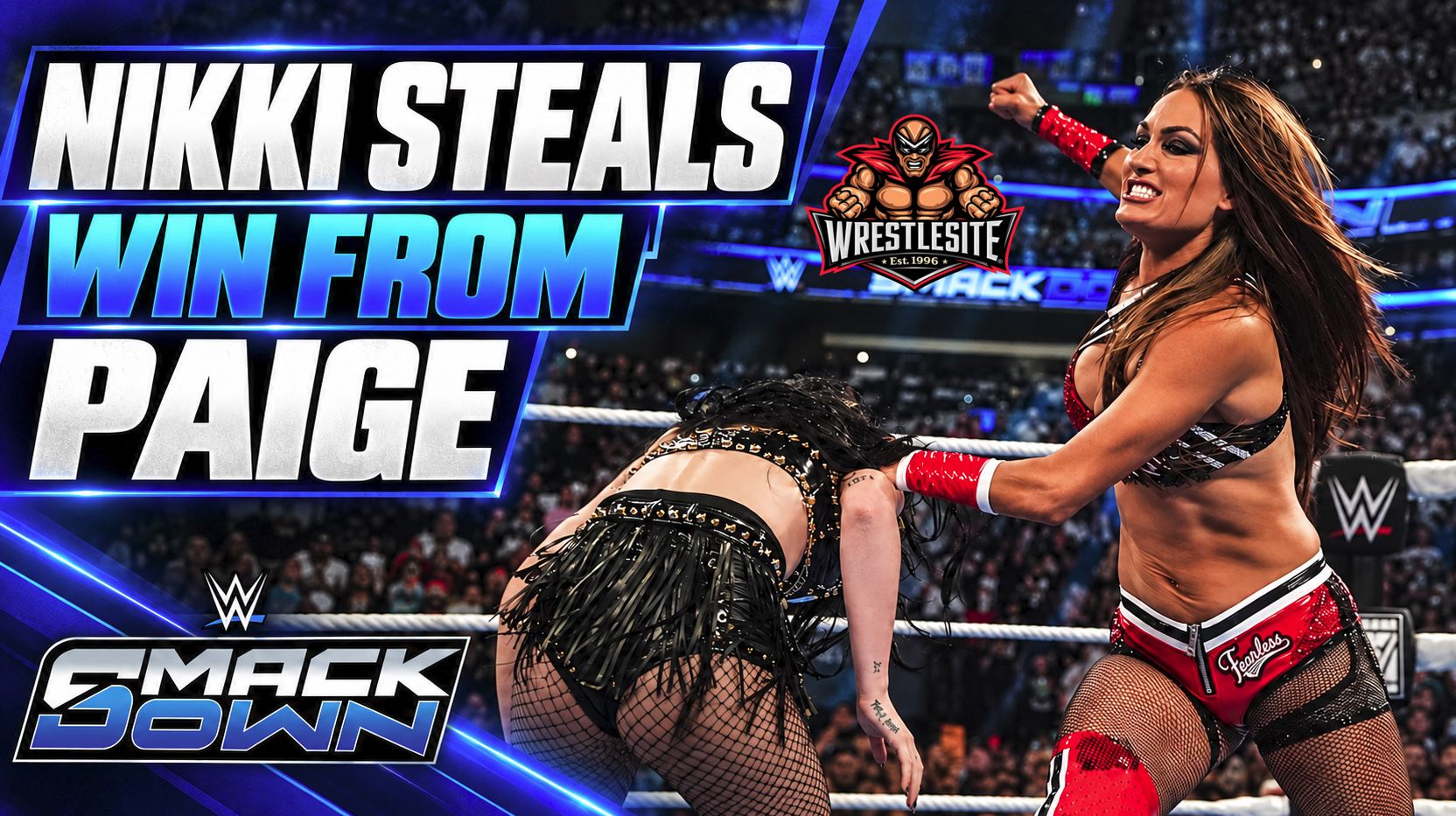 Nikki Bella uses the ropes for leverage while pinning Paige during their WWE SmackDown match in Mexico City