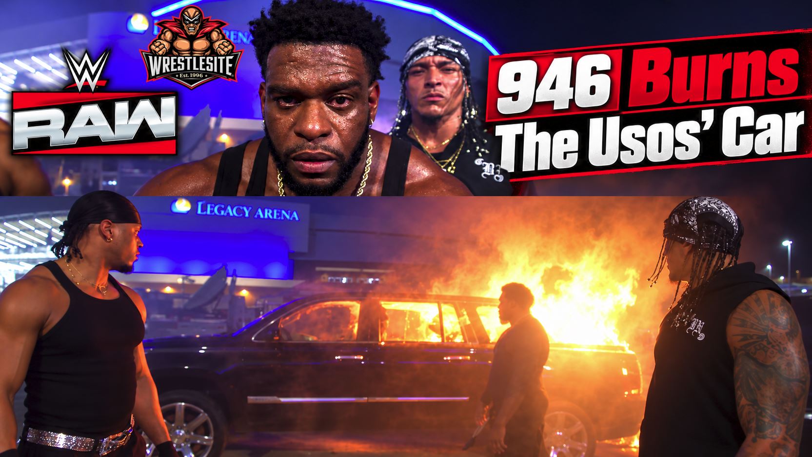 946 Sets The Usos’ Car on Fire 5 Royce Keys watches as Bronco Nima and Lucien Price set The Usos’ damaged car on fire during WWE Raw