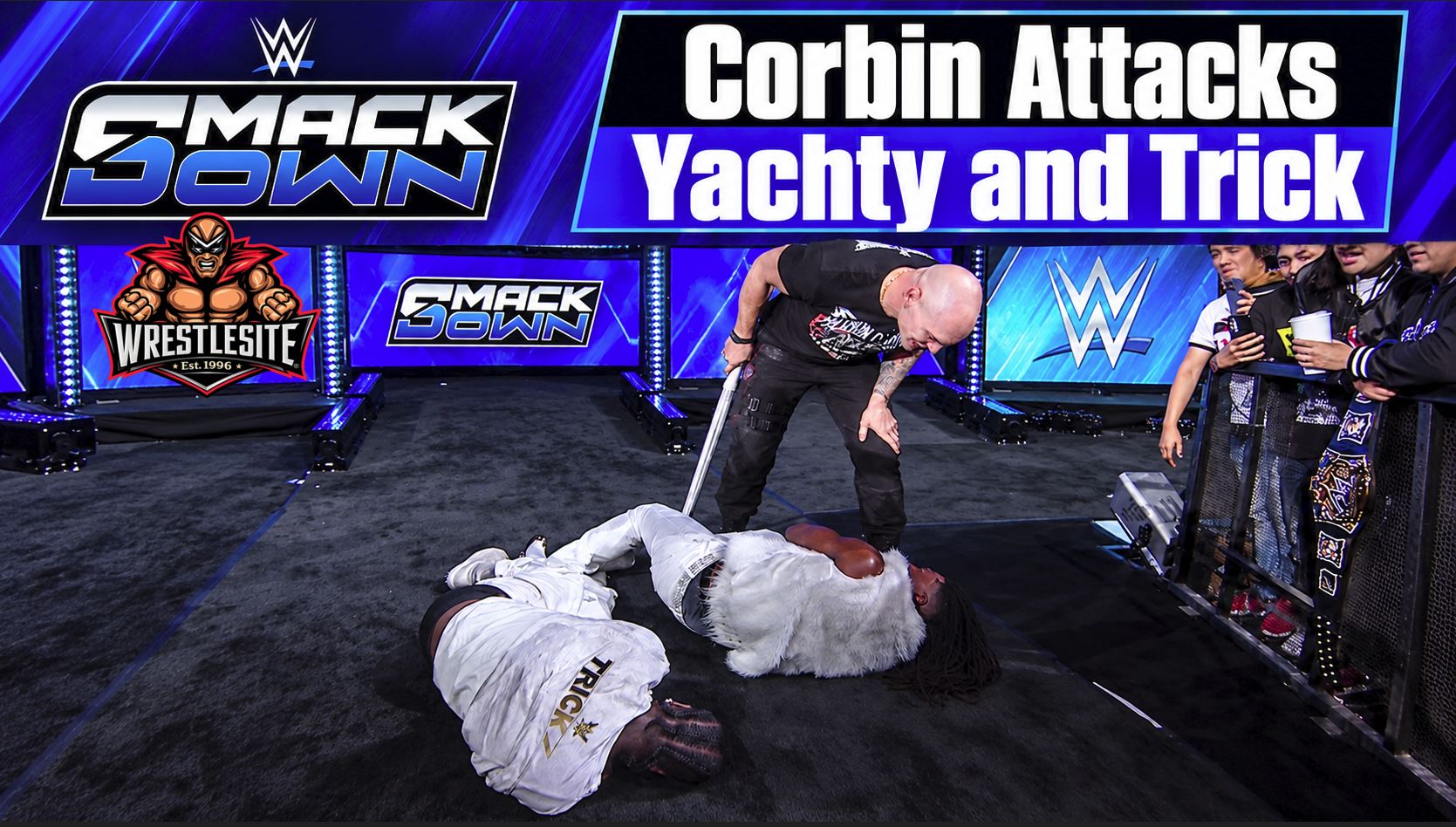 Baron Corbin stands over Lil Yachty before attacking United States Champion Trick Williams on WWE SmackDown