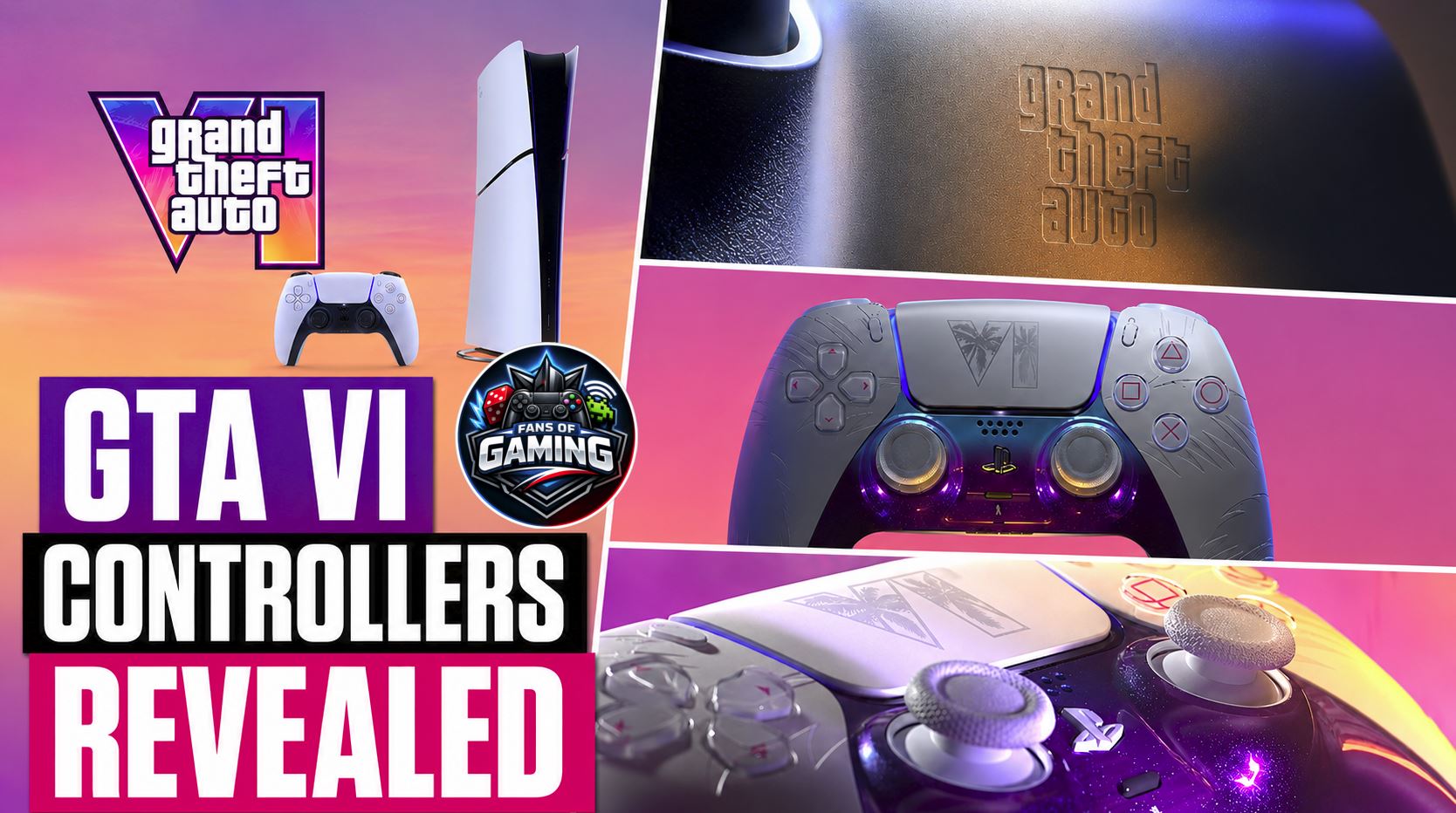 GTA VI DualSense Controllers Revealed 5 Black-and-white GTA VI DualSense controllers display Vice City colors and palm tree details.