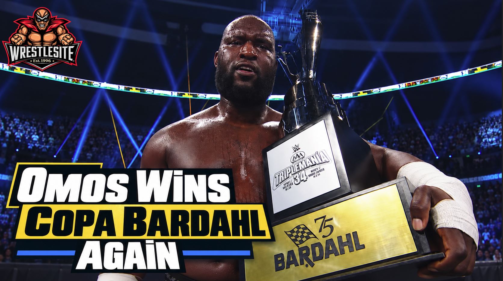 Omos Wins Copa Bardahl for Second Straight Year 5 Omos raises the Copa Bardahl trophy after winning the 15-man match at AAA TripleMania 34