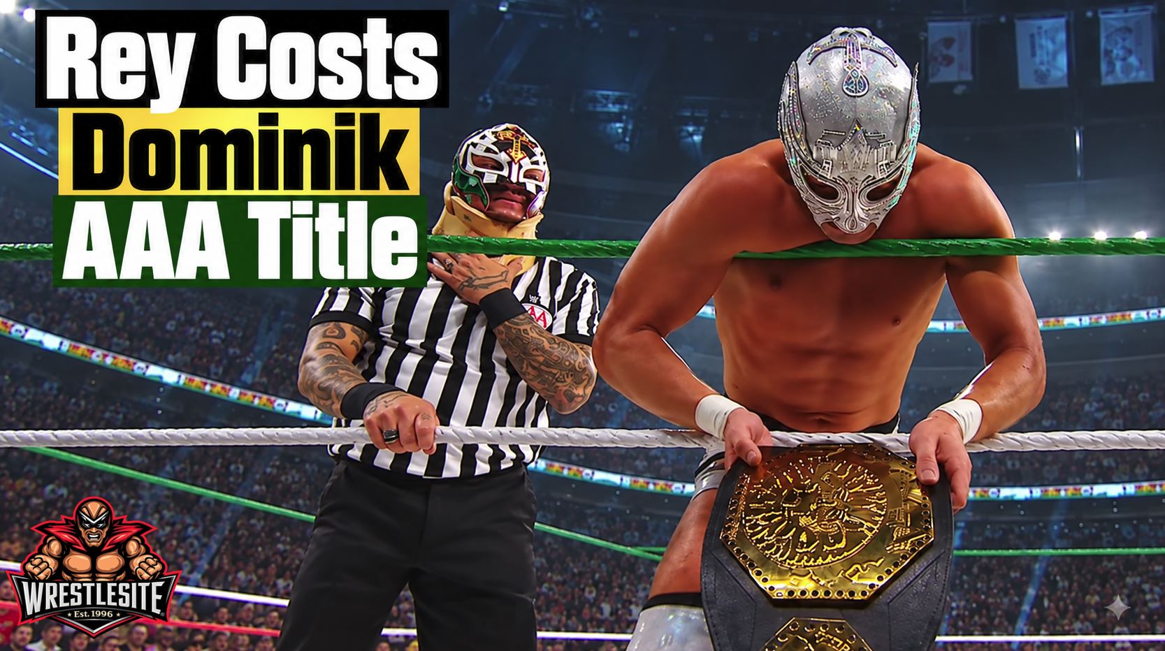 Rey Mysterio Costs Dominik AAA Mega Championship 5 Rey Mysterio counts Dominik Mysterio’s shoulders down as El Grande Americano wins the AAA Mega Championship