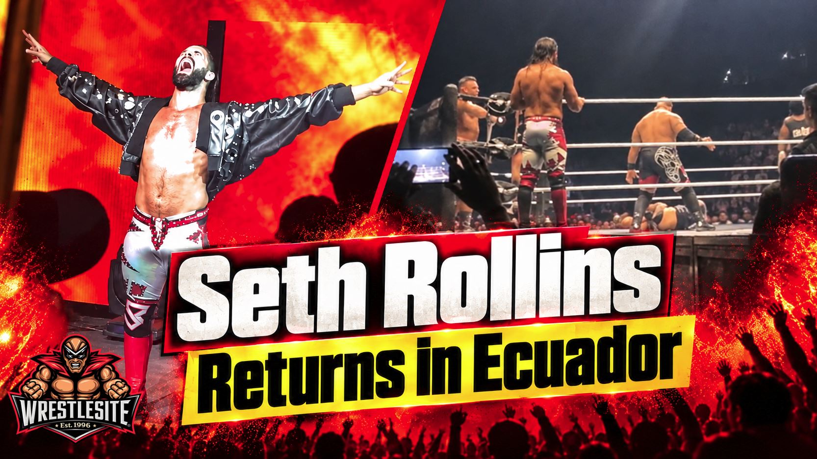 Seth Rollins celebrates his WWE in-ring return during the South America Live Tour event in Quito, Ecuador