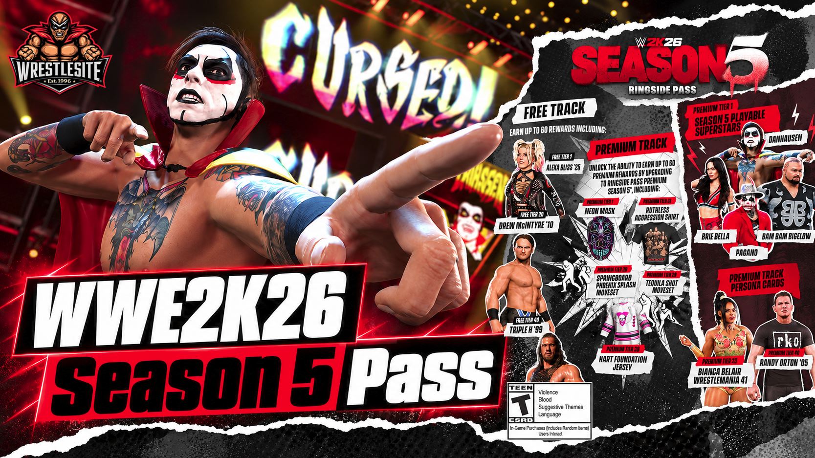 Danhausen, Brie Bella, Bam Bam Bigelow, and Pagano pose for WWE 2K26 Season 5 artwork