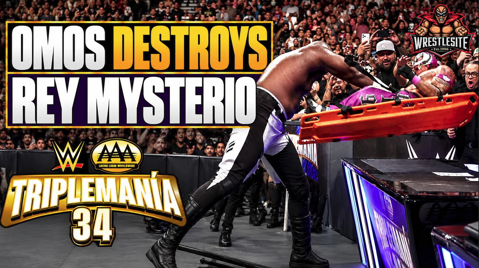 Omos Slams Rey Mysterio Through Table at Triplemanía 34 5 Omos lifts Rey Mysterio while he is strapped to a backboard before slamming him through a table at Triplemanía 34