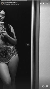 Stephanie Vaquer poses with WWE Women’s World Championship in a photo recalling Becky Lynch’s celebration