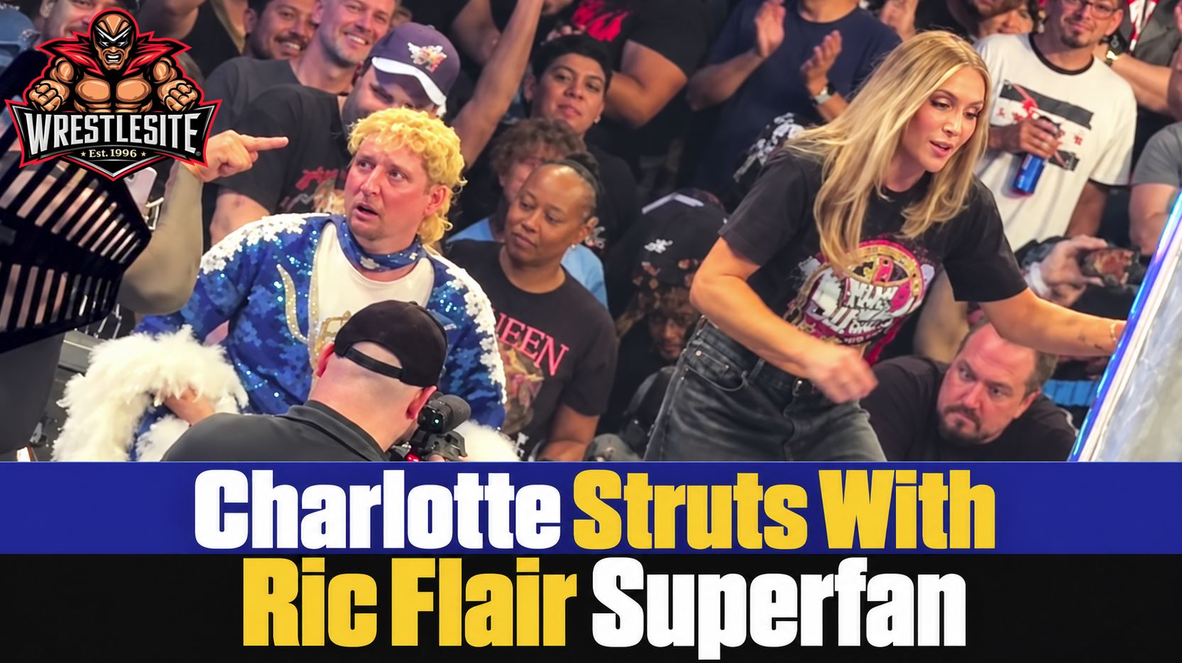 Charlotte Flair performs Ric Flair’s signature strut alongside a costumed superfan inside the WWE ring